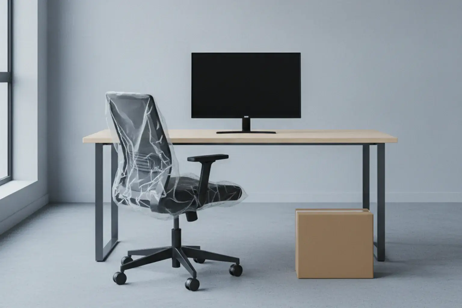 Ein leerer Schreibtisch mit einem noch verpackten Bürostuhl, einem Monitor ohne Bild und einem Karton daneben