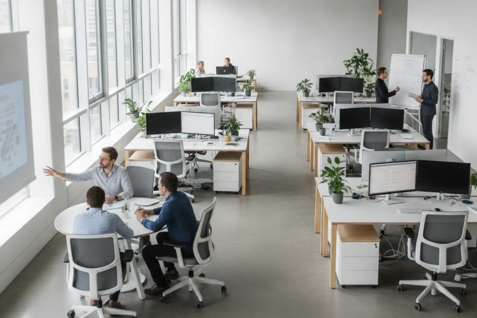 Mehrere kleine Teams arbeiten eigenständig an verschiedenen Tischgruppen in einem Großraumbüro