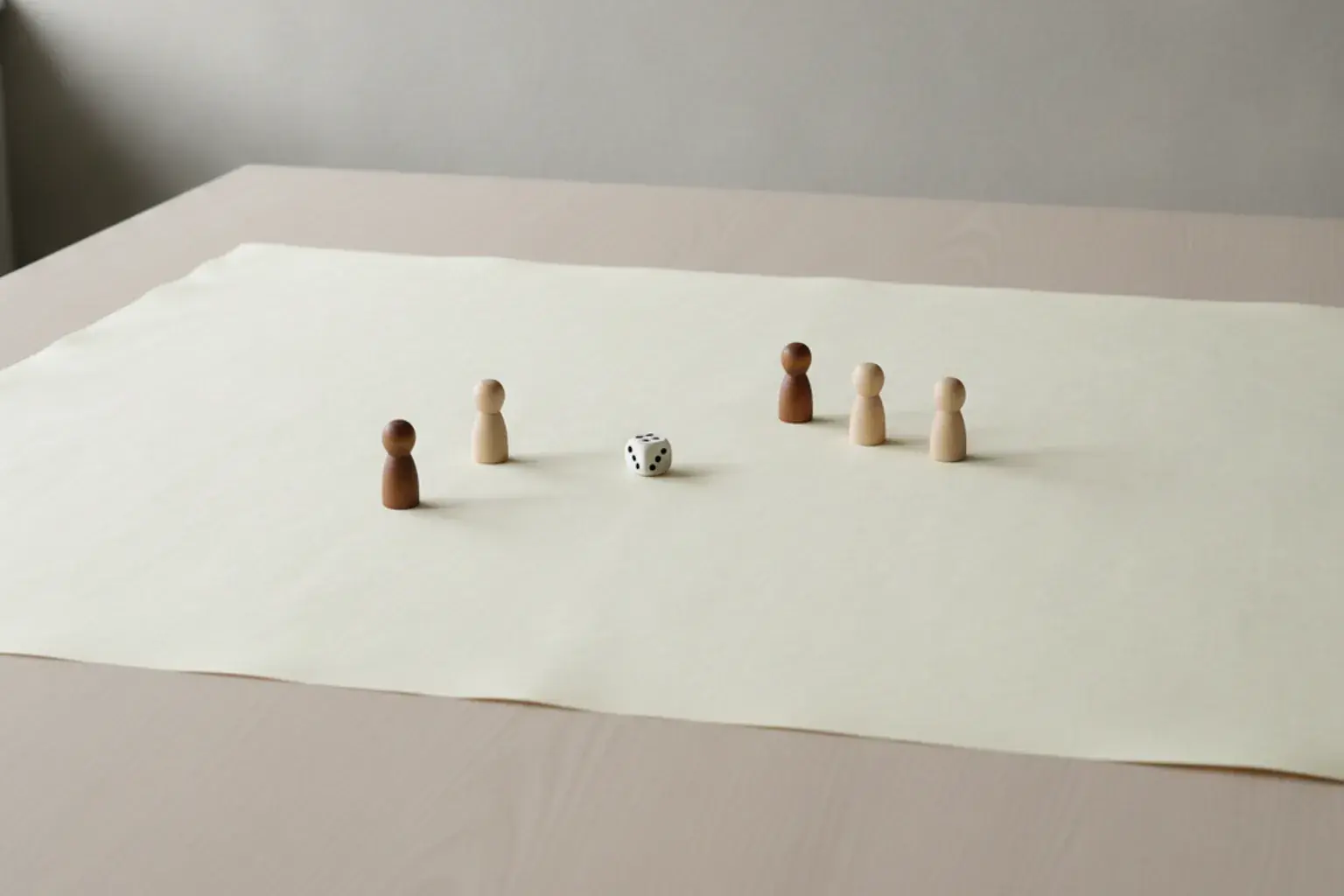 Ein Tisch mit einer großen unbeschrifteten Papierkarte, mehreren Spielsteinen und einem Würfel in einem nüchternen Besprechungsraum