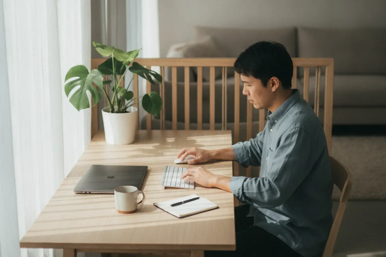 Eine Person arbeitet konzentriert an einem aufgeräumten Homeoffice-Schreibtisch am Fenster