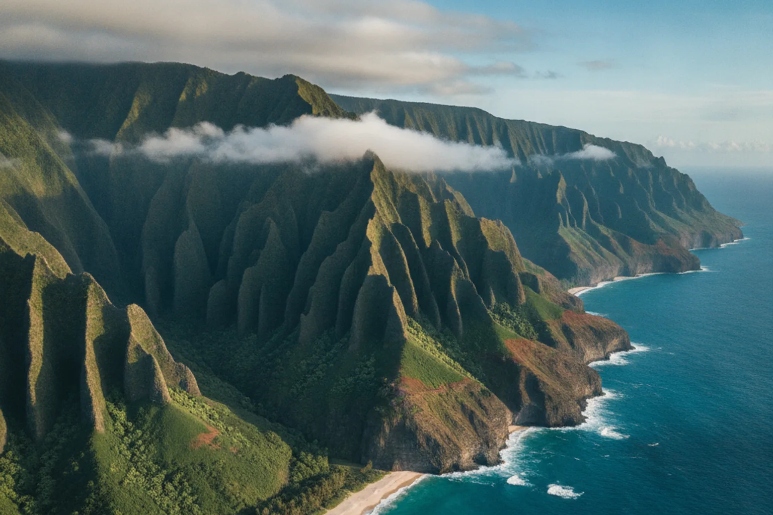 Steile grüne Klippen einer hawaiianischen Insel fallen zum türkisfarbenen Meer ab, davor ein schmaler Sandstrand