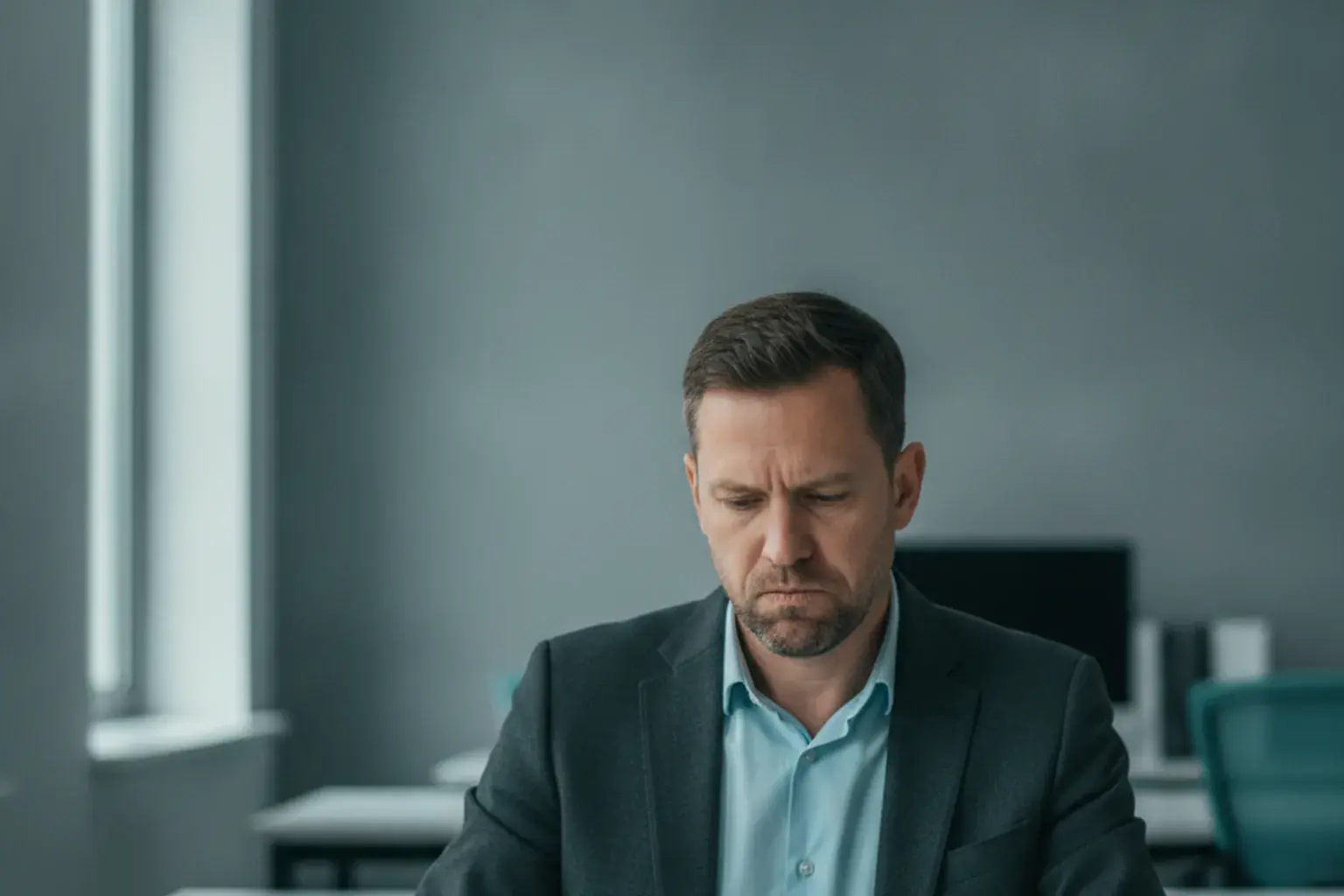 Person sitzt am Schreibtisch, presst die Lippen zusammen und hält kurz inne, eine Hand auf dem Tisch