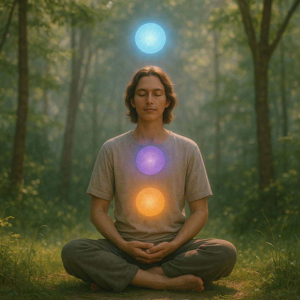 Person in Meditation umgeben von drei leuchtenden Sphären, Verstehbarkeit, Handhabbarkeit, Bedeutsamkeit