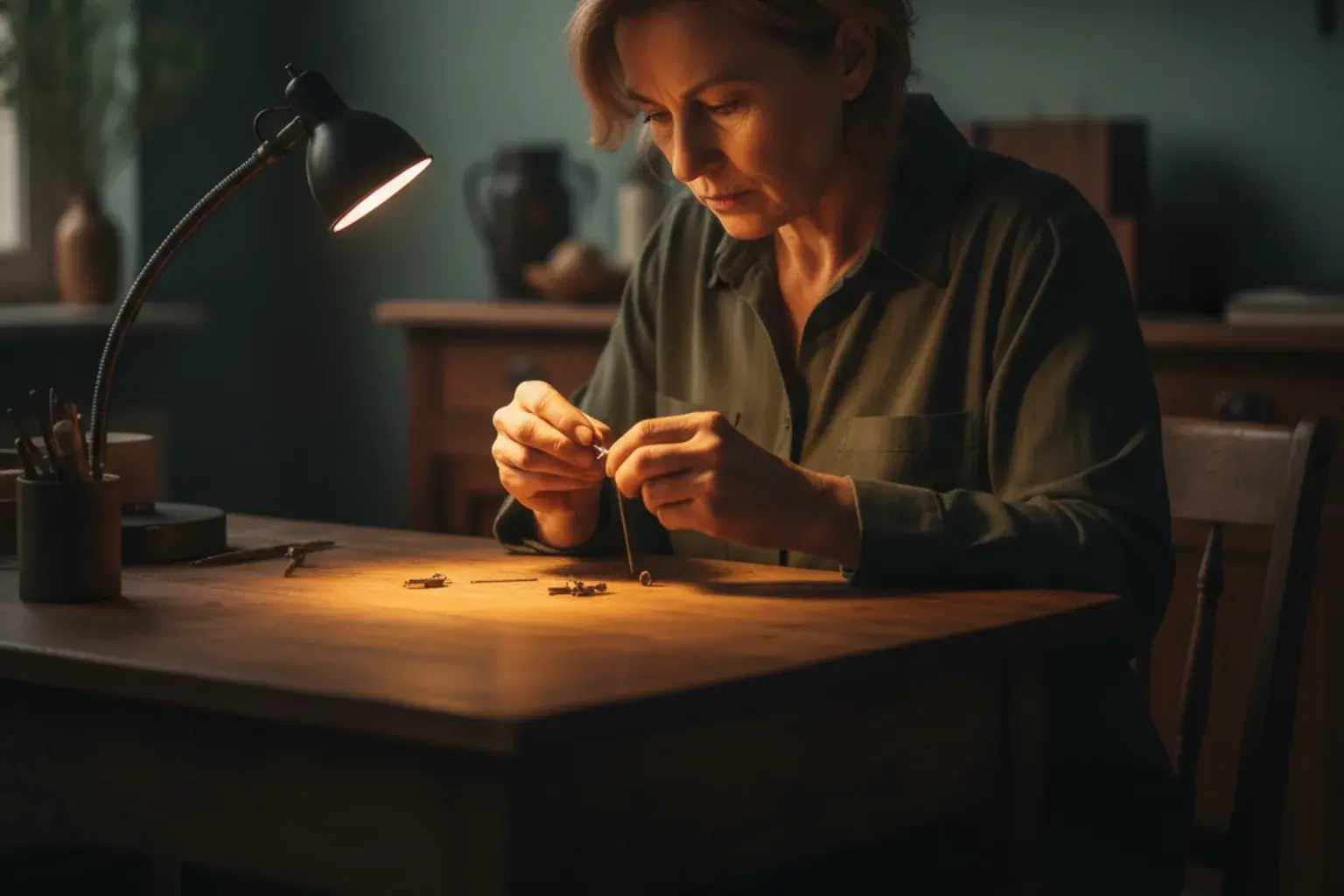 Frau sitzt konzentriert an einem Schreibtisch und arbeitet an einer feinen Handarbeit unter einer Arbeitsleuchte