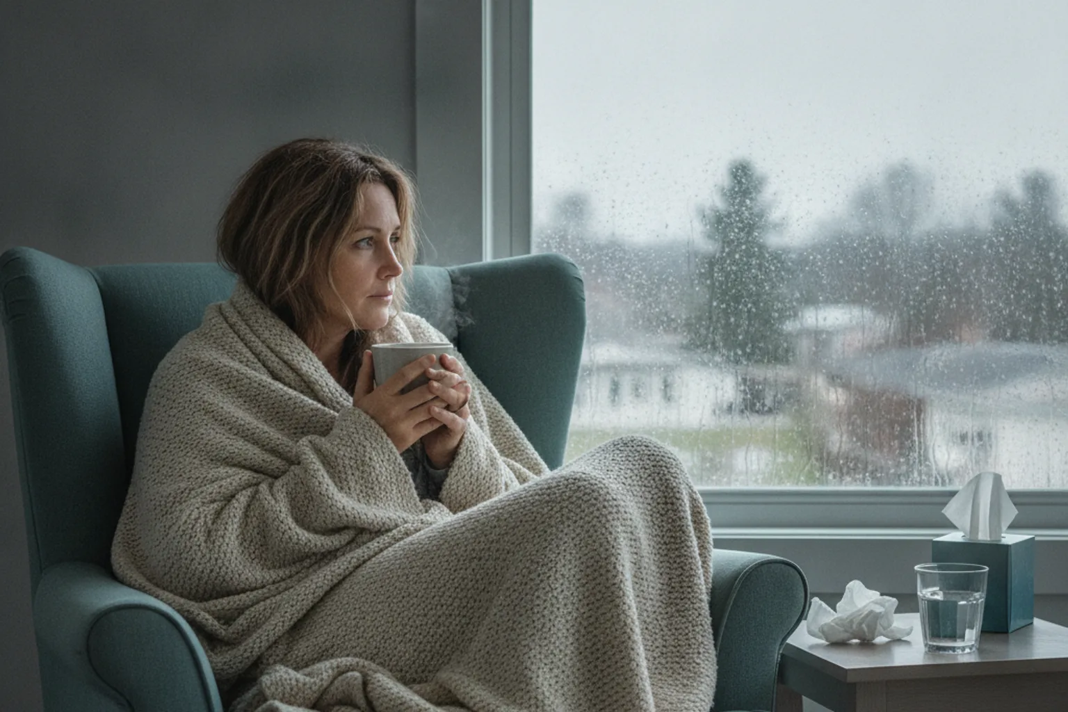 Frau sitzt in eine Wolldecke gehüllt mit einer Tasse Tee im Sessel am regennassen Fenster