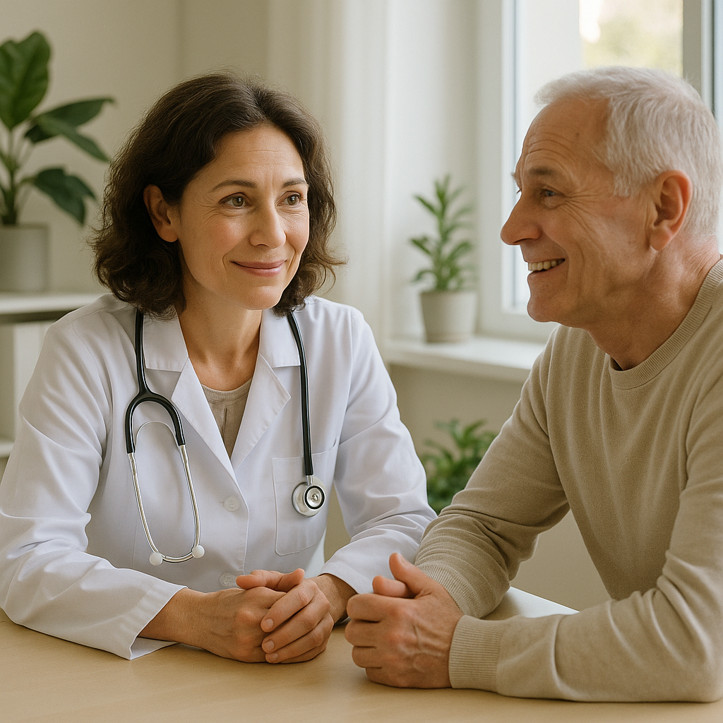 Arzt im Gespräch mit Patientin, ein Bild ganzheitlicher Gesundheitsförderung