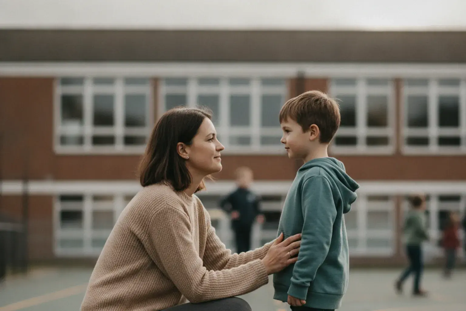 Erwachsene Person hockt neben einem Kind auf einem Schulhof und spricht auf Augenhöhe mit ihm