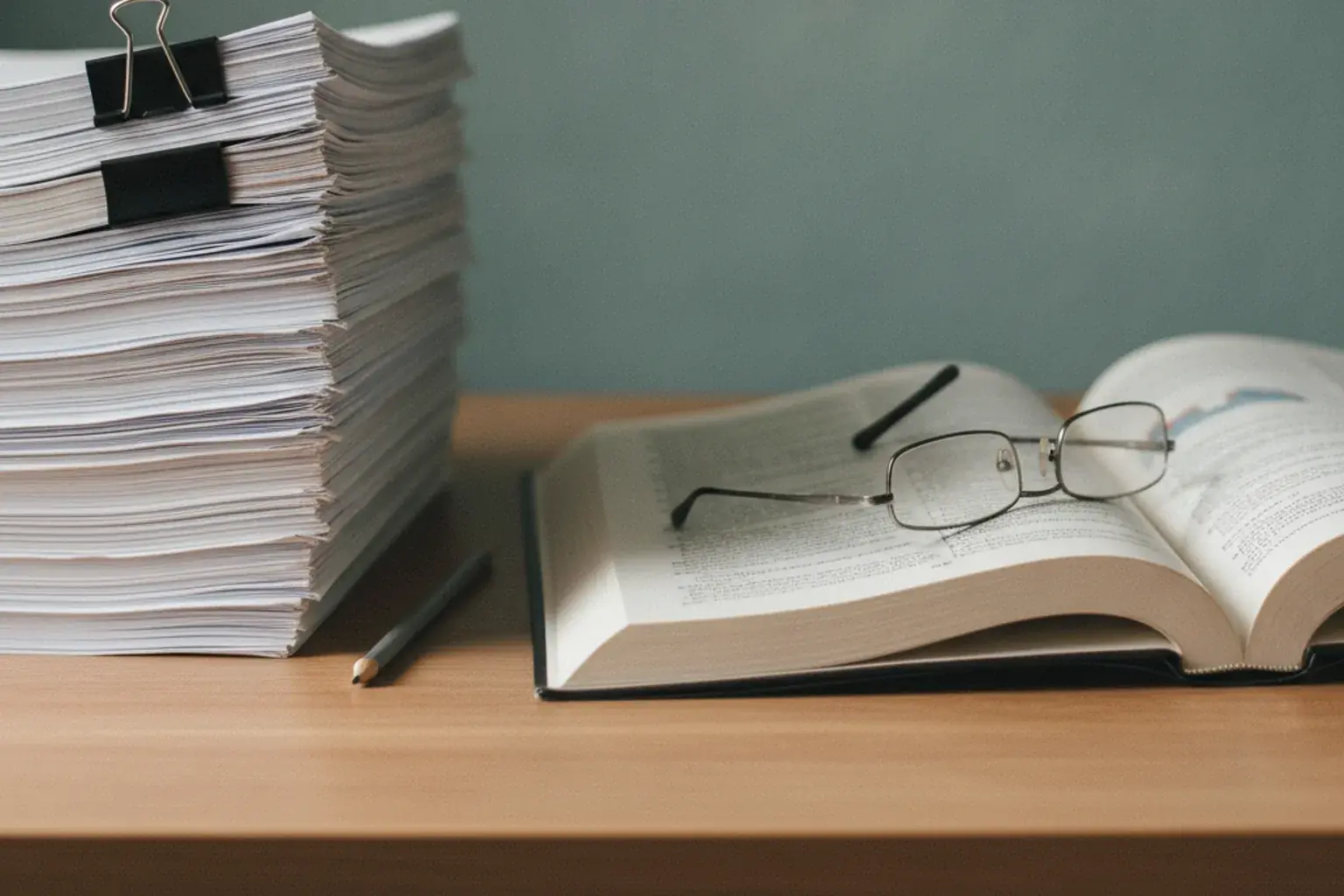 Aufgeschlagene Fachzeitschriften und ein Stapel wissenschaftlicher Ausdrucke auf einem Schreibtisch, daneben eine Lesebrille