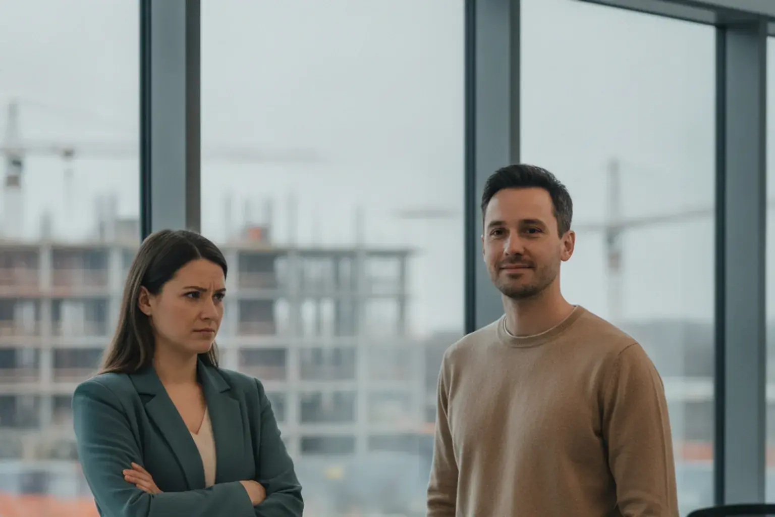Zwei Menschen stehen vor derselben großen Fensterfront mit Blick auf eine Baustelle, der eine angespannt, der andere gelassen