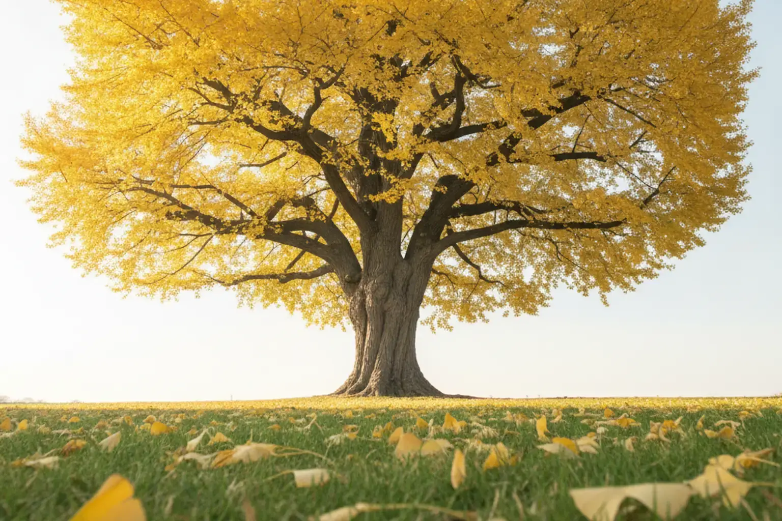 Freistehender Ginkgo-Baum im Herbst mit goldgelbem Laub, kräftigem Stamm und weit ausgreifender Astverzweigung