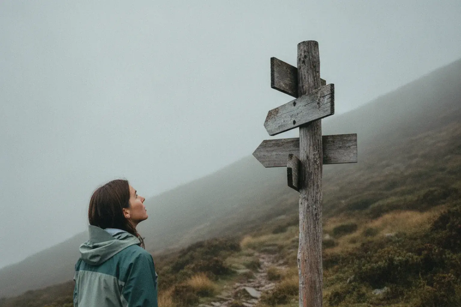 Wanderin steht an einer Weggabelung im Nebel und schaut auf einen Wegweiser mit mehreren Richtungen