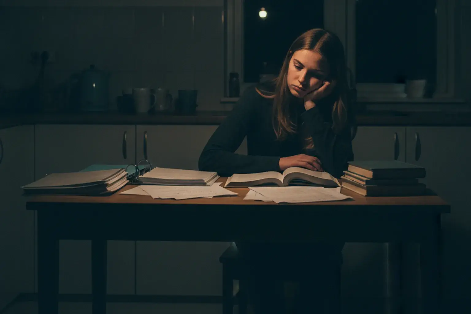 Junge Frau lernt spätabends allein an einem Küchentisch unter einer Lampe, Bücher und Notizen vor sich