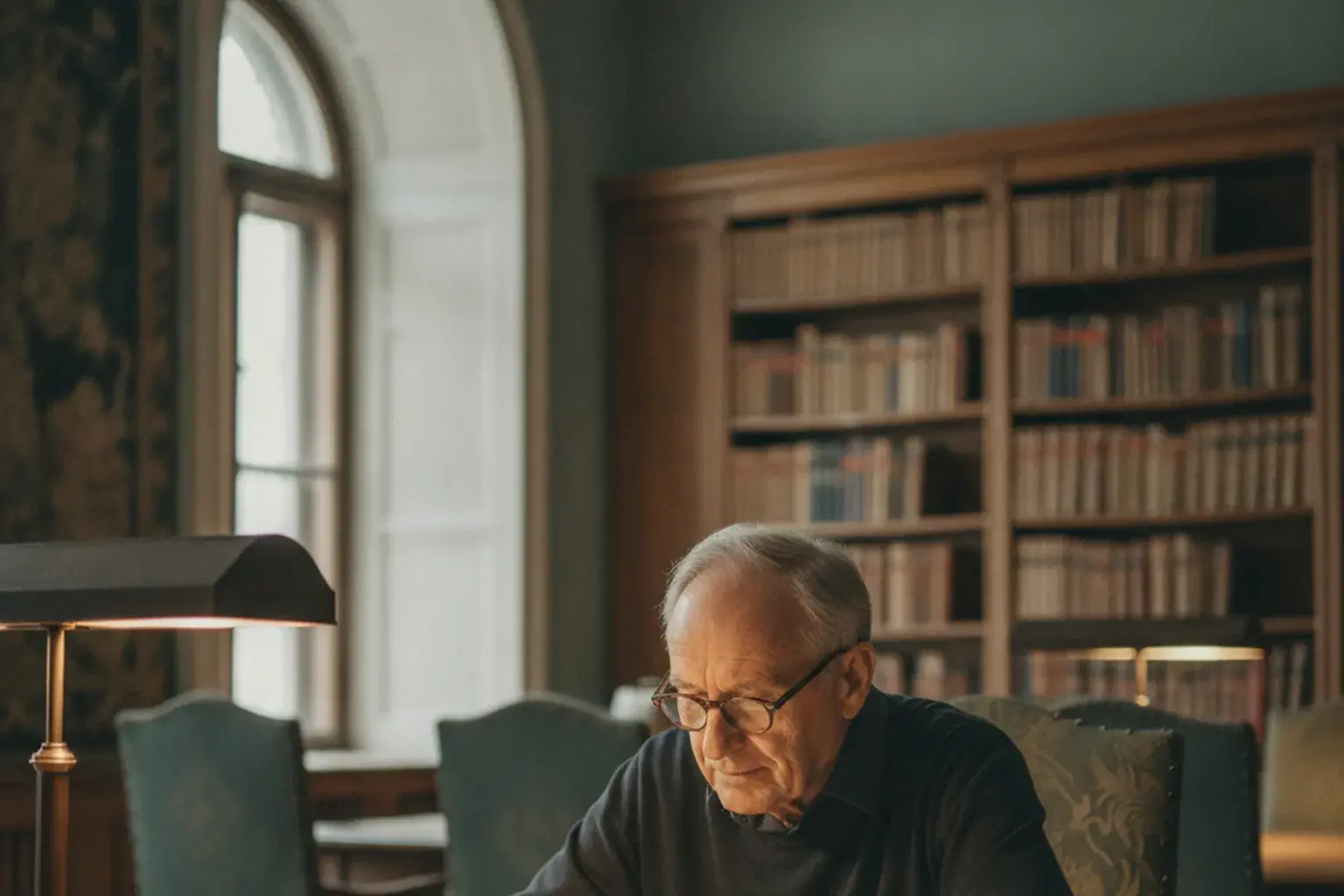 Älterer Mann sitzt in einer Bibliothek über einem aufgeschlagenen Buch, konzentriert lesend