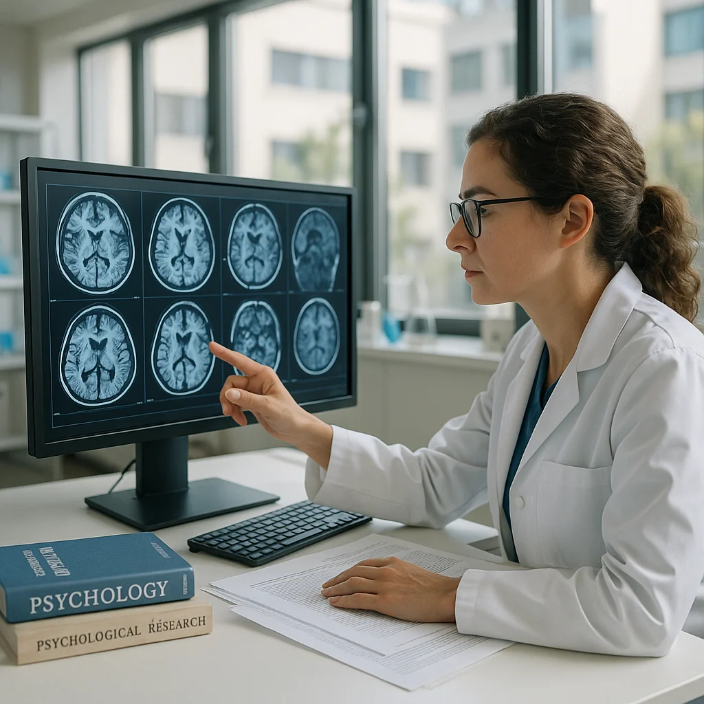 Neurowissenschaftlerin betrachtet Gehirnscans auf einem Monitor in einem modernen Forschungslabor
