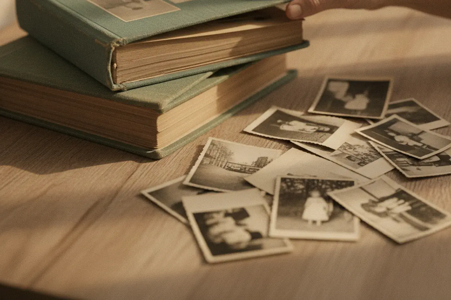 Stapel alter Fotoalben und lose Schwarzweißfotografien auf einem Holztisch, eine Hand blättert darin