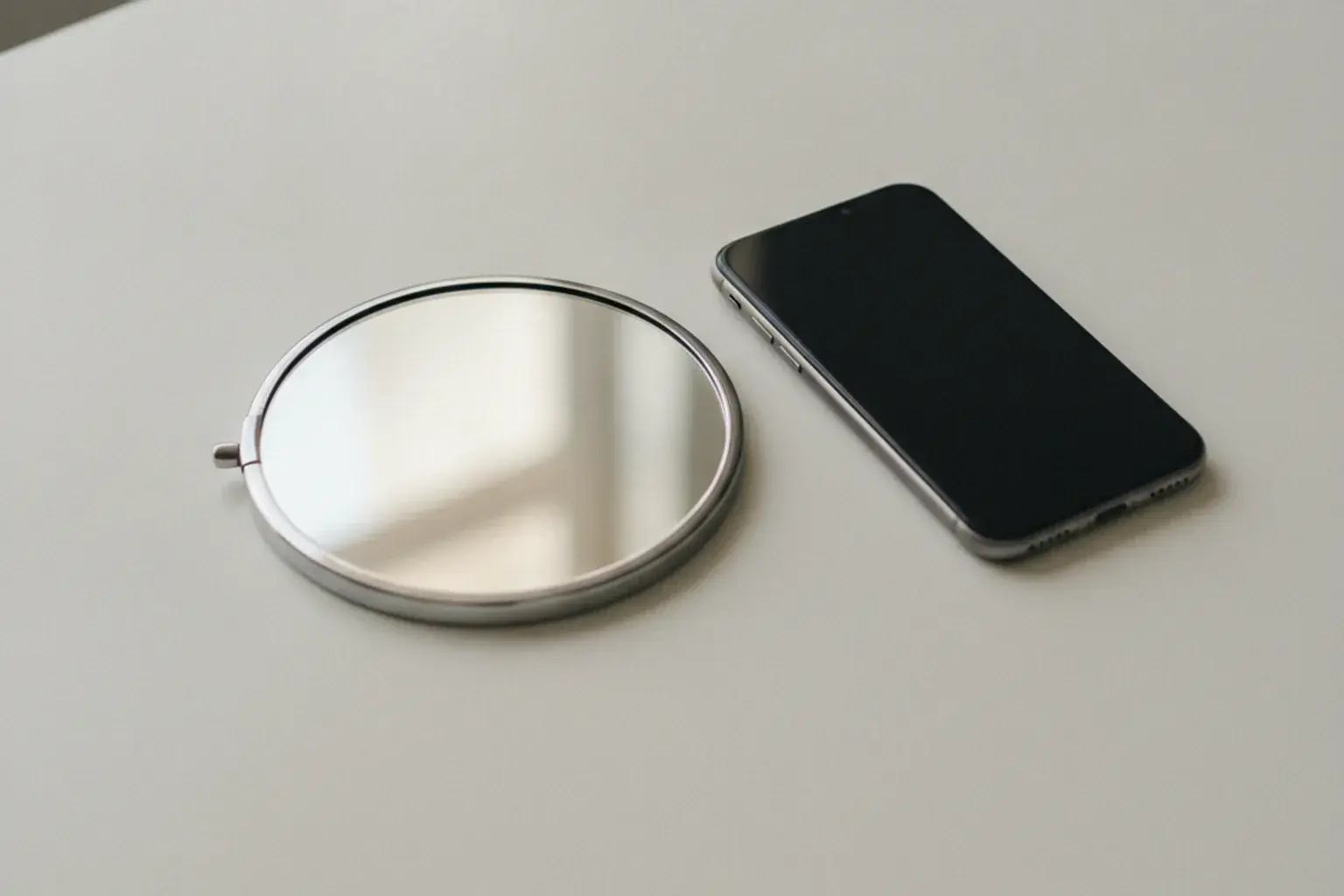 Ein Handspiegel liegt mit der Spiegelfläche nach oben auf einem hellen Tisch, daneben ein Smartphone mit dunklem Bildschirm