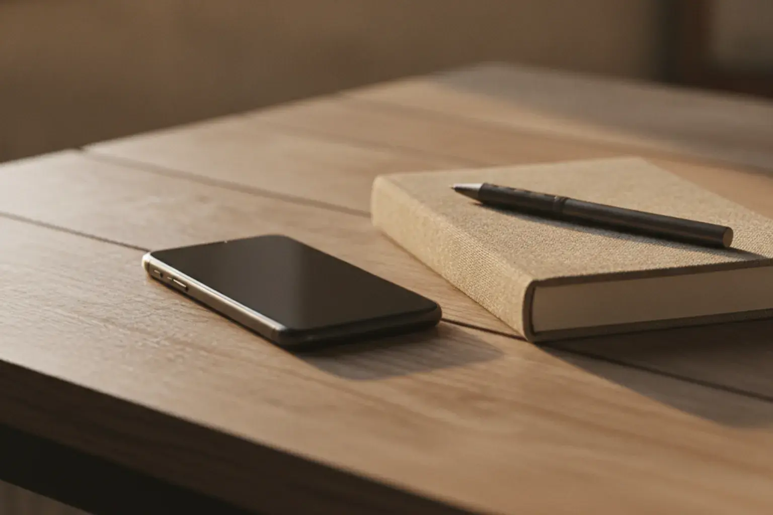 Ein Smartphone liegt mit dem Bildschirm nach unten auf einem Schreibtisch neben einem geschlossenen Notizbuch