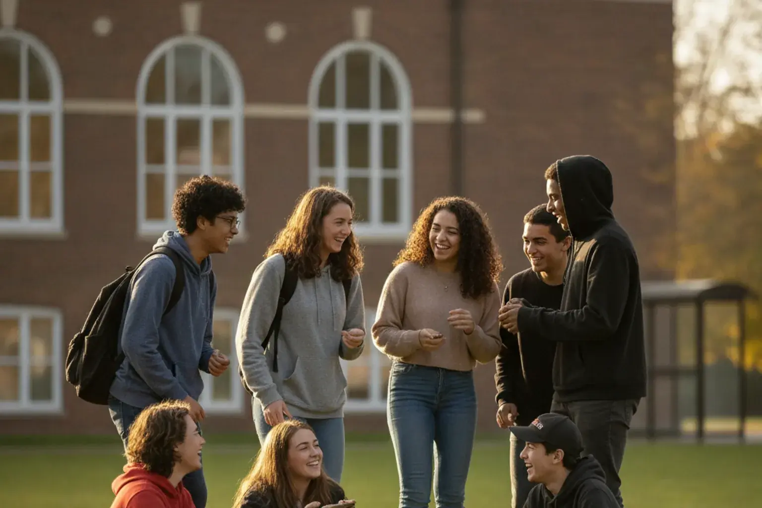 Eine Gruppe Jugendlicher lacht und redet nach der Schule im Freien