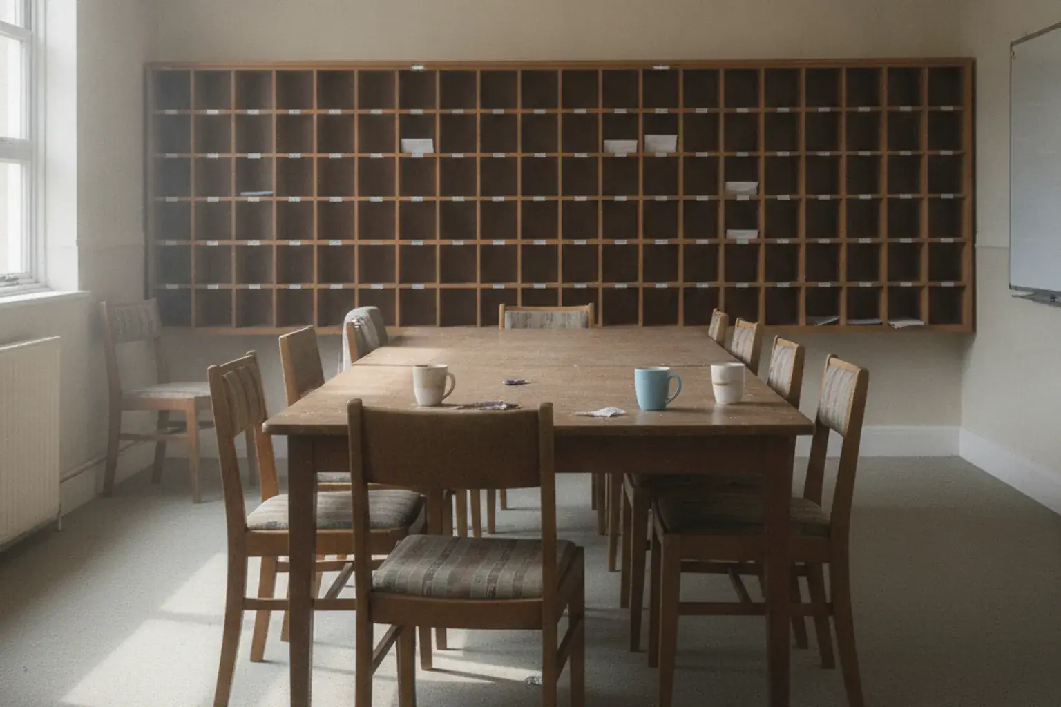Ein leeres Lehrerzimmer mit Tischen, Stühlen, Postfächern an der Wand und Kaffeetassen