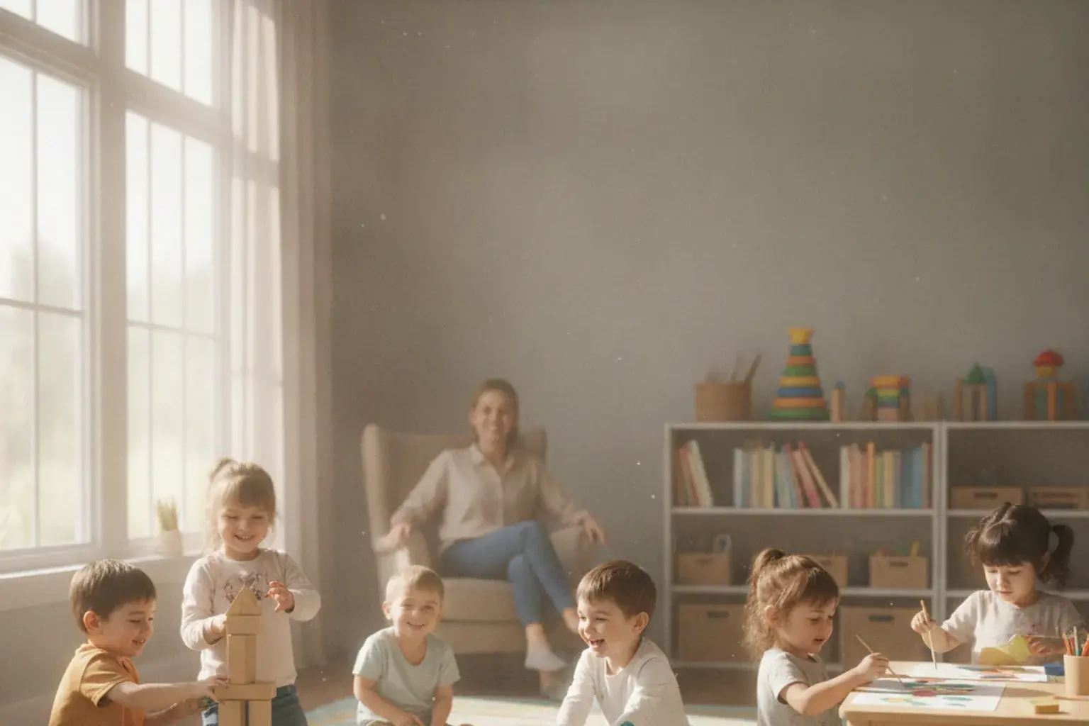 Kita-Kinder spielen selbstbewusst in einem hellen Gruppenraum, eine Erzieherin begleitet im Hintergrund