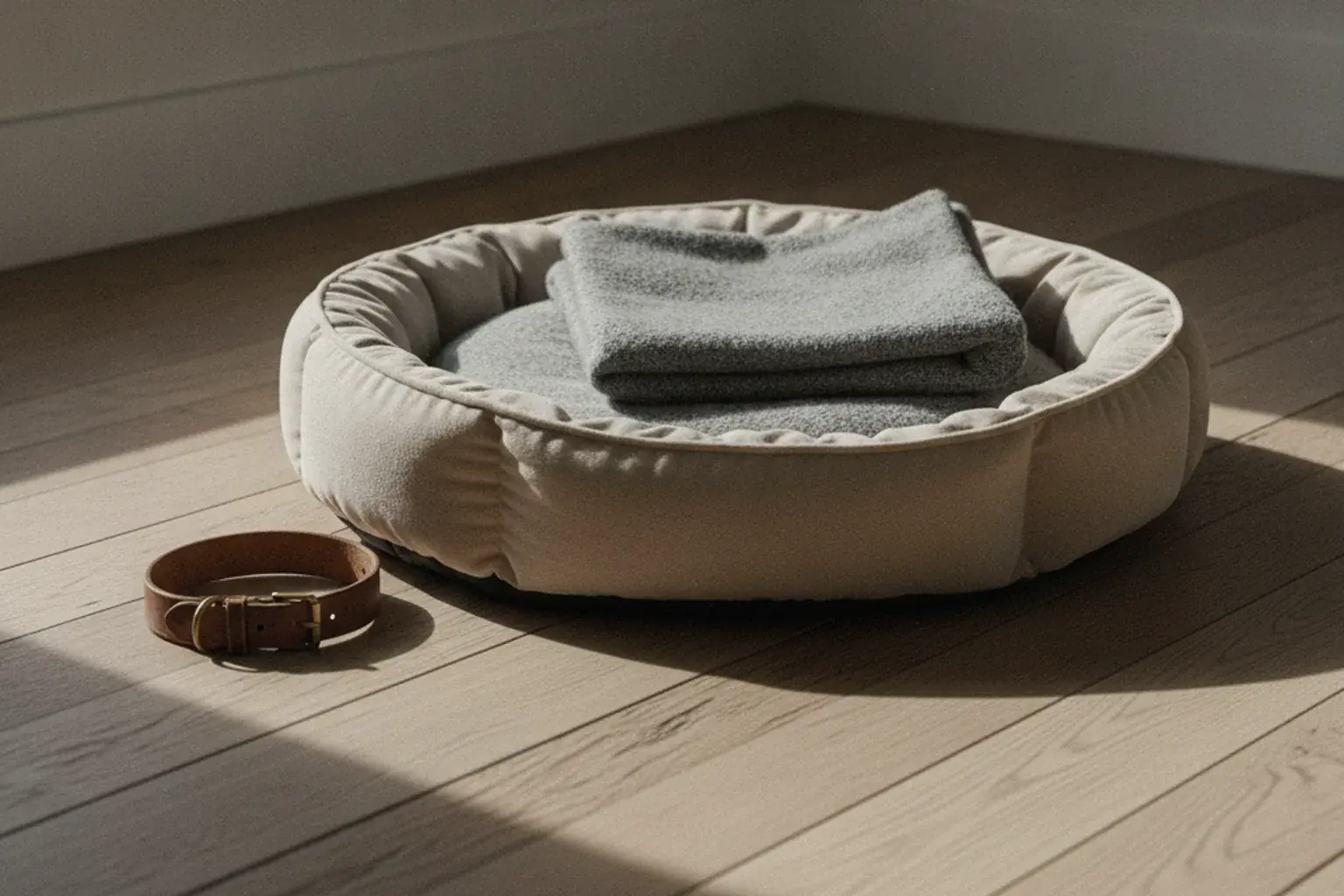 Ein leeres Hundekörbchen mit einer Decke, daneben liegt ein Halsband auf dem Holzboden