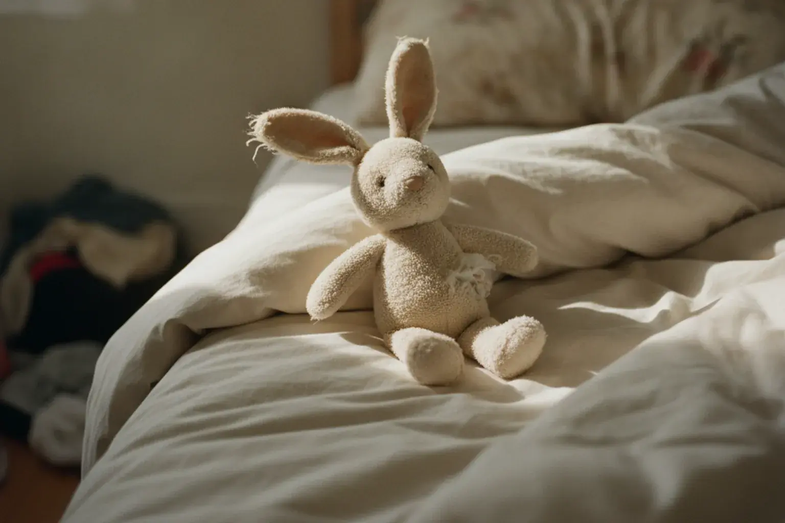 Ein abgegriffener Stoffhase sitzt auf einer zerknitterten hellen Bettdecke in einem Kinderbett