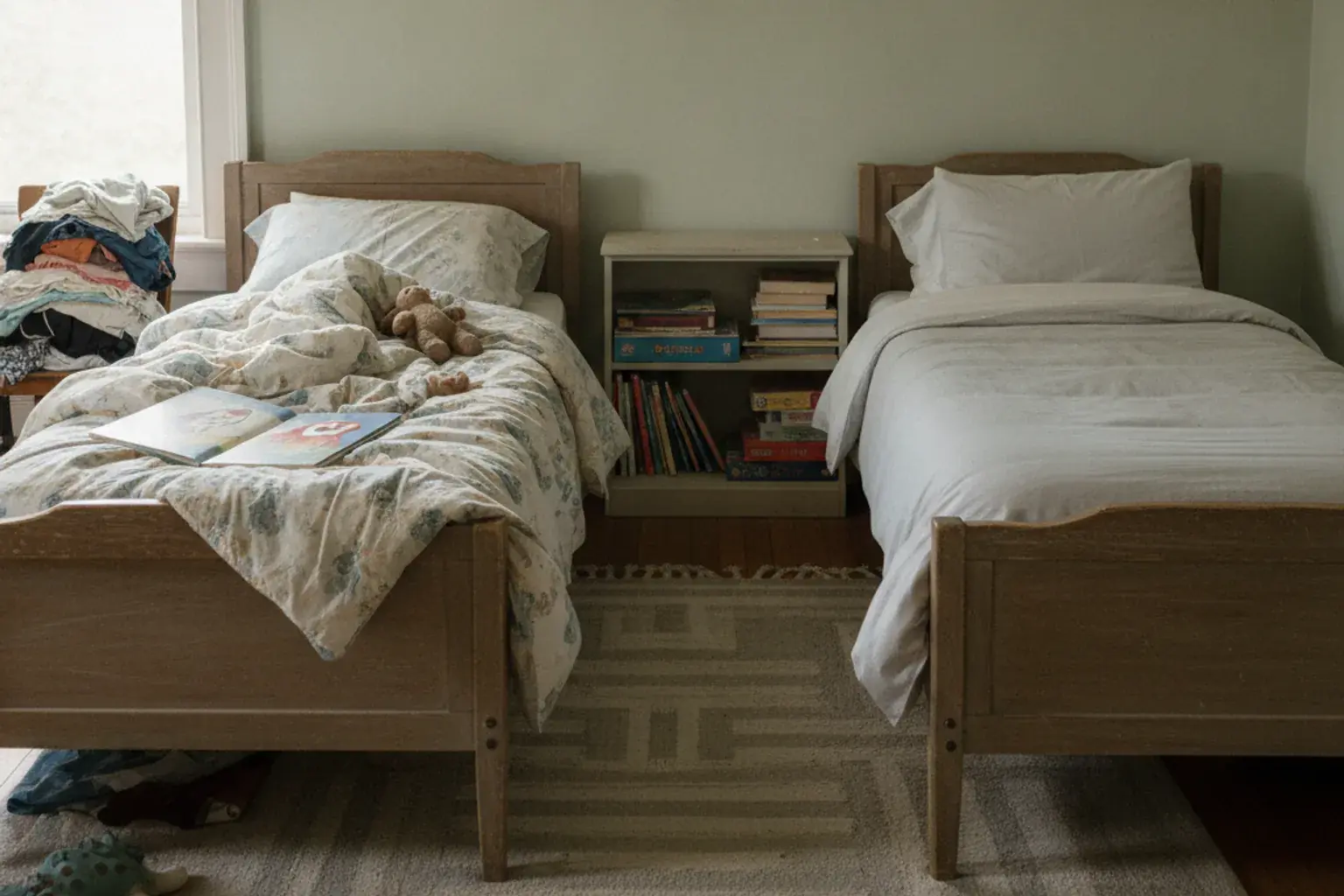 Ein Kinderzimmer mit zwei Betten, von denen eines unbenutzt und ordentlich gemacht ist
