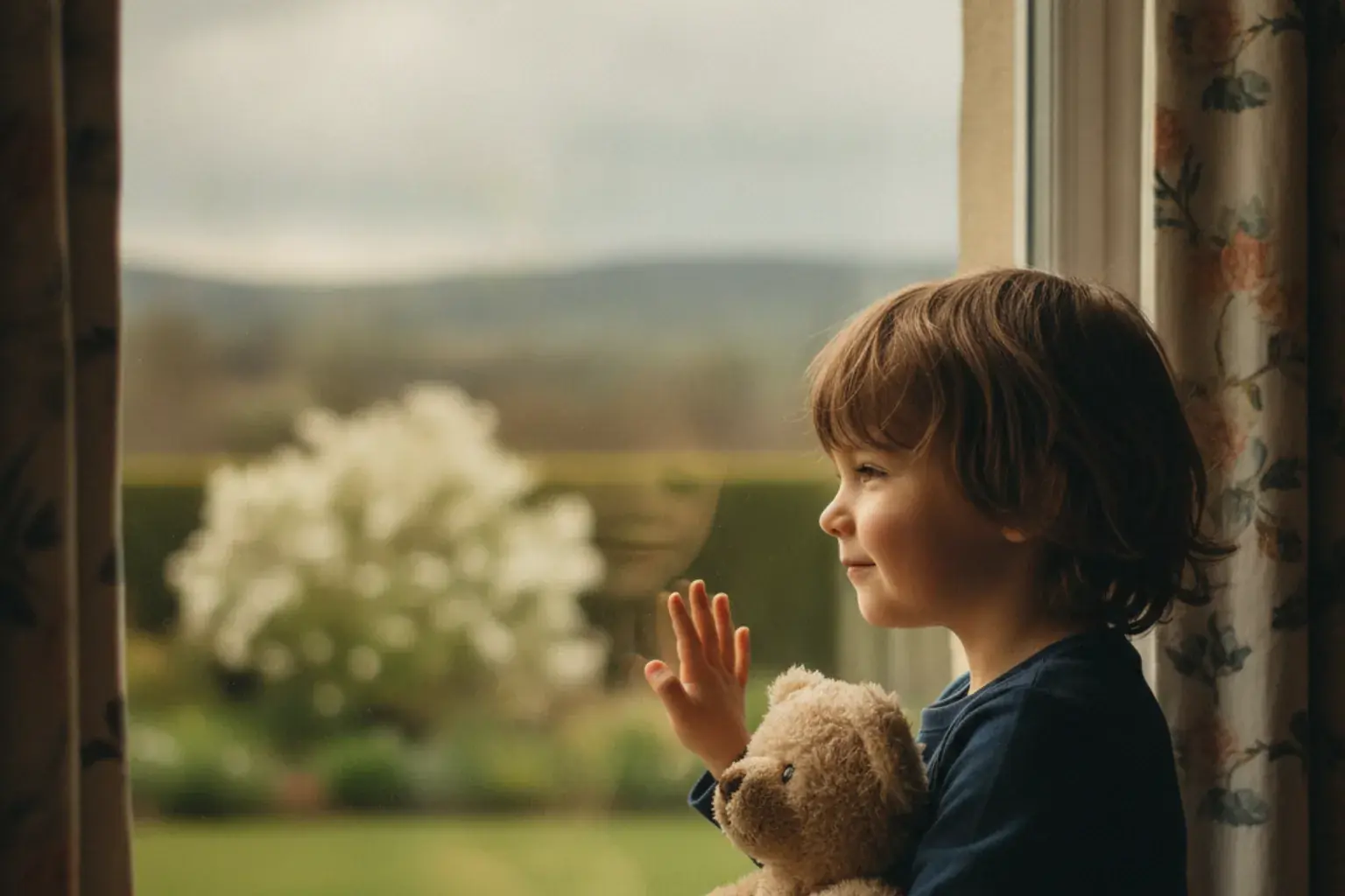 Ein Kind blickt still und nachdenklich aus einem Fenster in weichem Licht