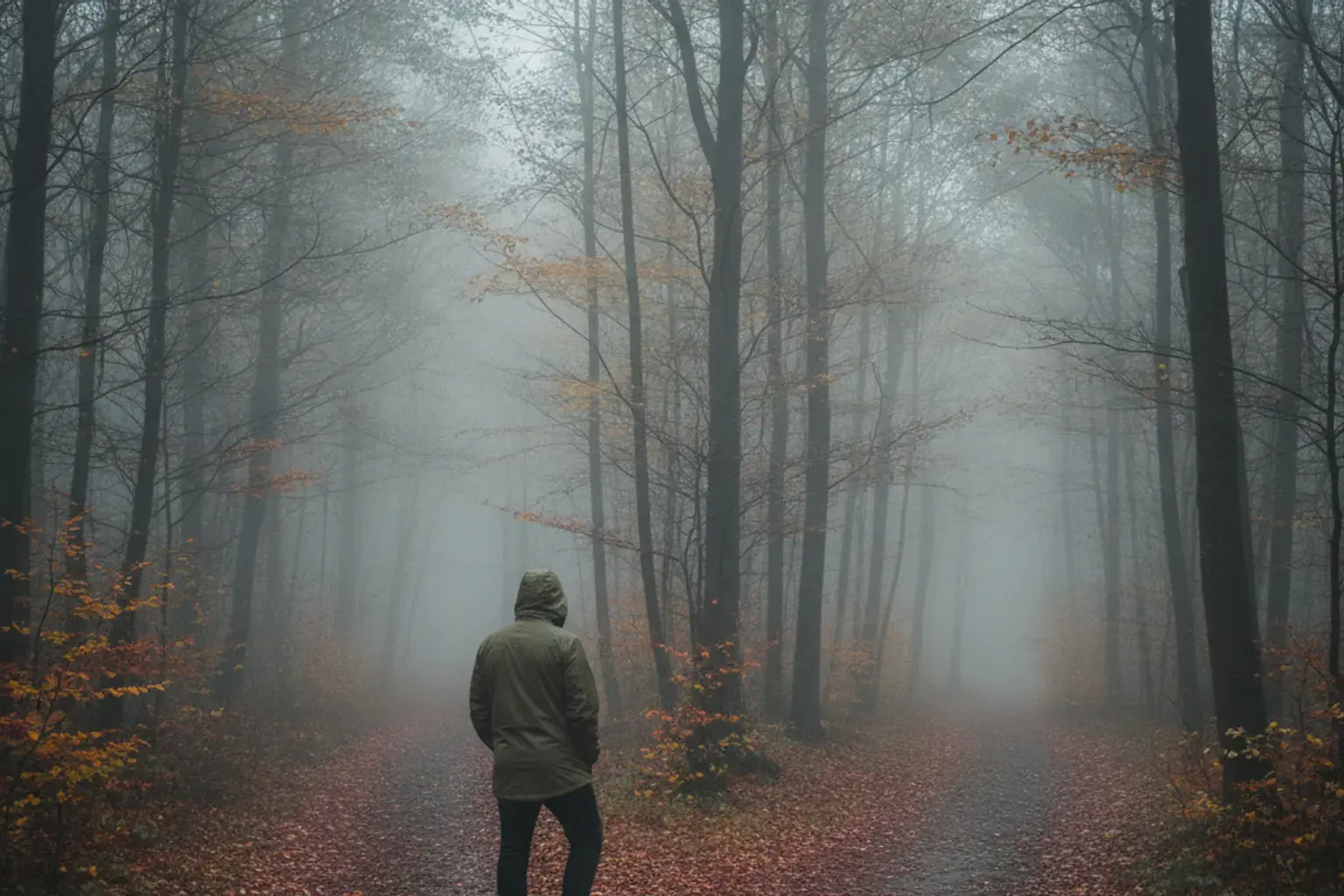 Person in Regenjacke steht an einer Weggabelung im nebligen Herbstwald, beide Wege verschwinden nach wenigen Metern im Nebel