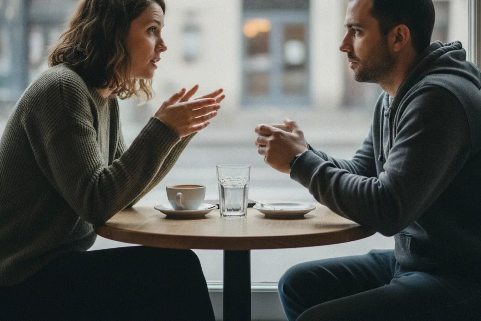 Zwei Menschen sitzen sich an einem kleinen Cafétisch am Fenster gegenüber, die eine spricht ernst und zugewandt, der andere hört mit der Tasse in beiden Händen zu