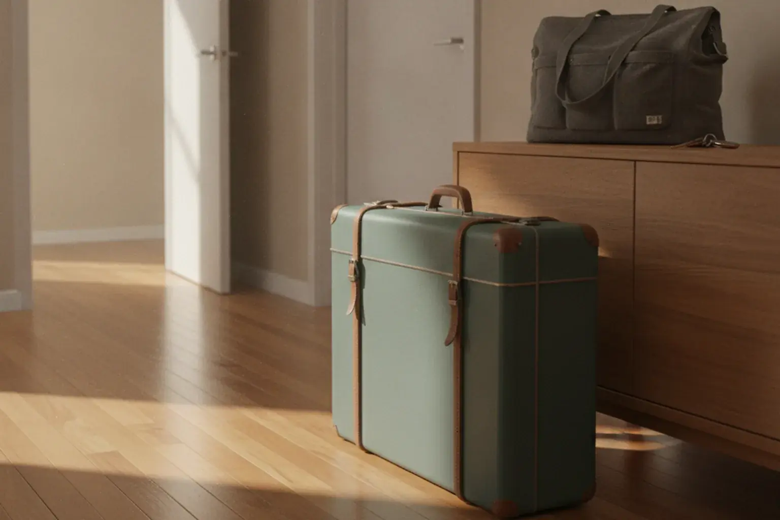 Noch gepackter Koffer steht im Flur einer Wohnung, dahinter fällt Morgenlicht auf eine bereitgelegte Arbeitstasche