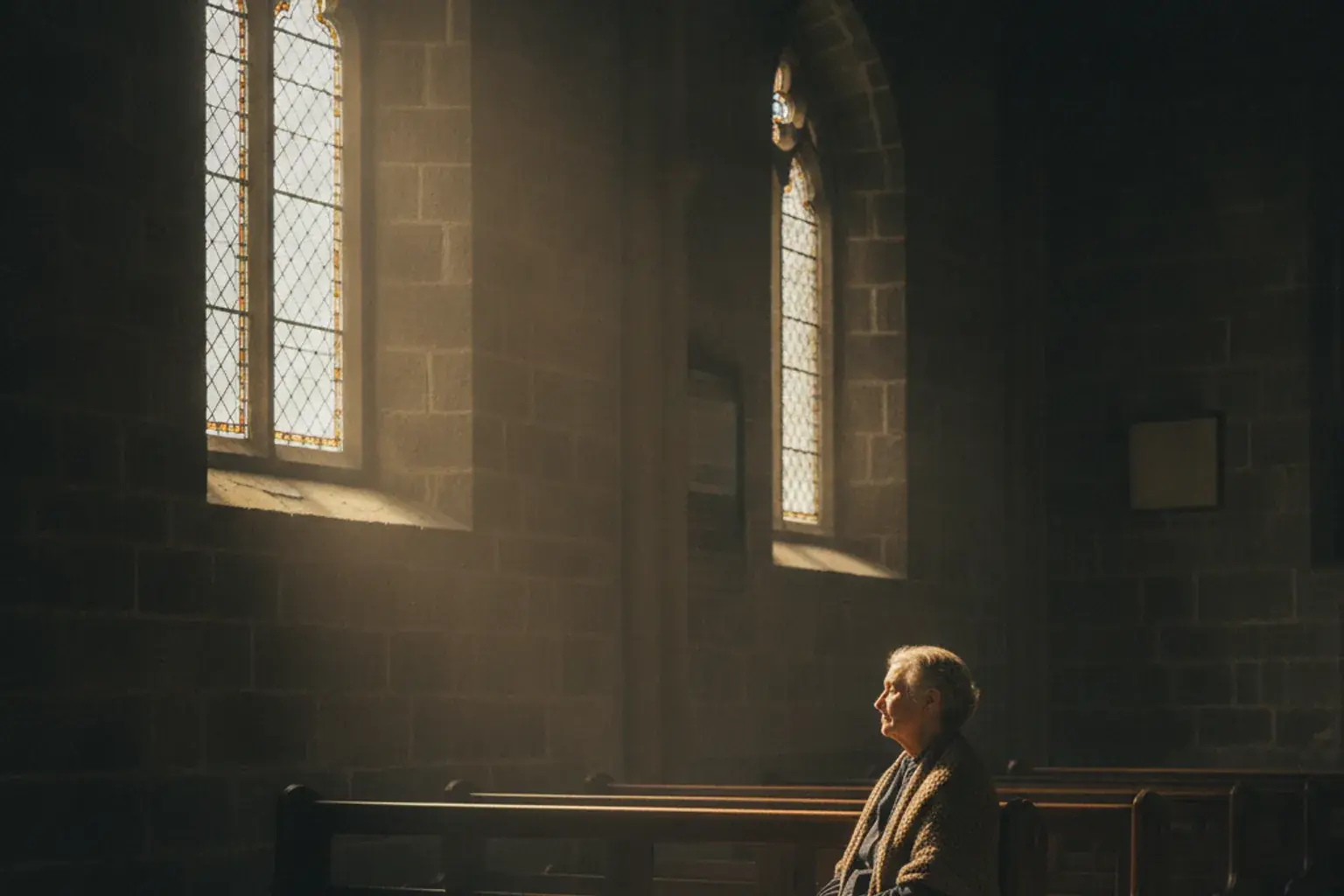 Ältere Frau sitzt allein in einer leeren Kirchenbank, die Hände im Schoß, im Licht eines Seitenfensters