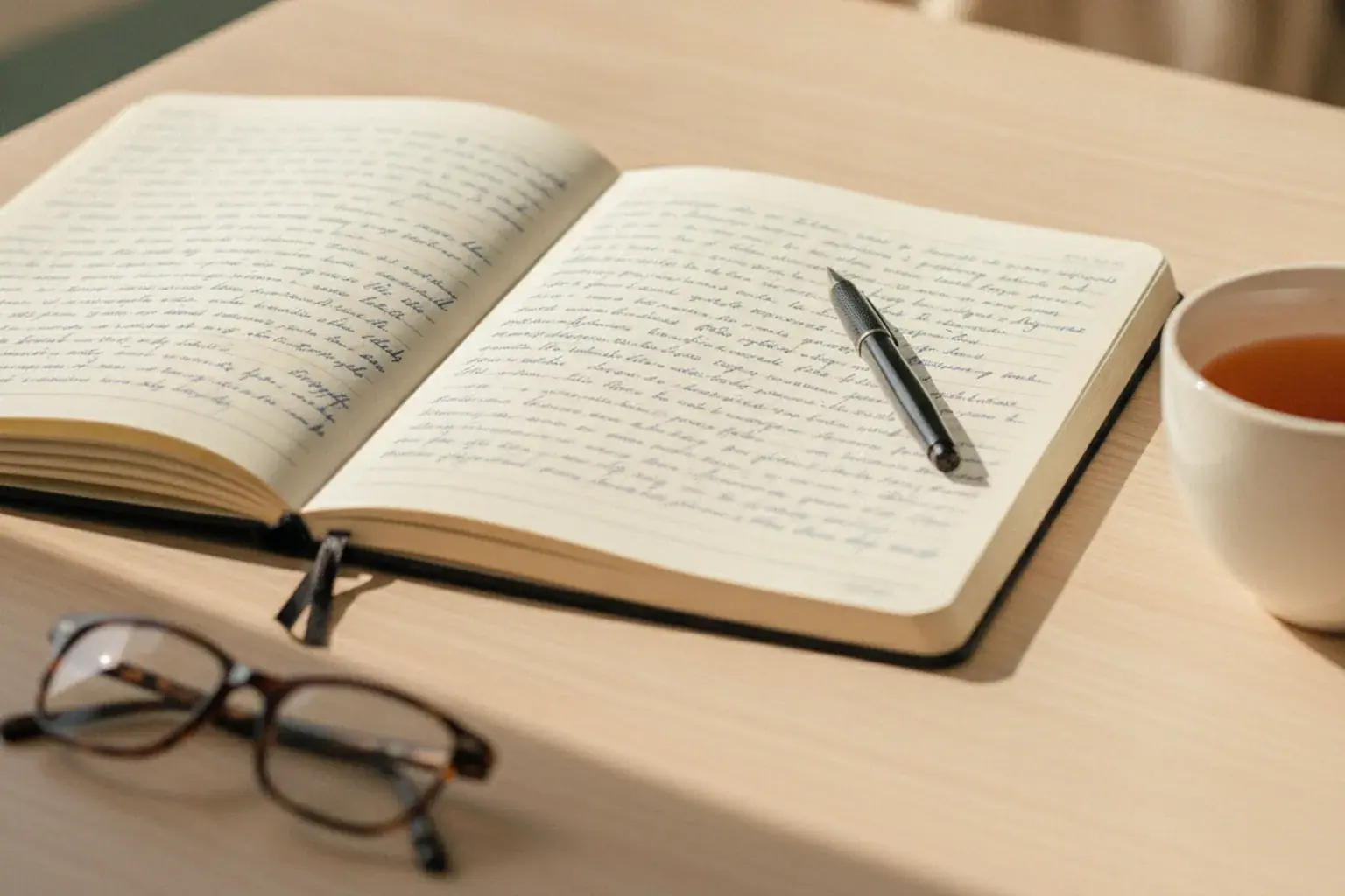 Aufgeschlagenes liniertes Notizbuch mit handschriftlichen Zeilen auf einem Holztisch, daneben ein Stift und eine Tasse Tee