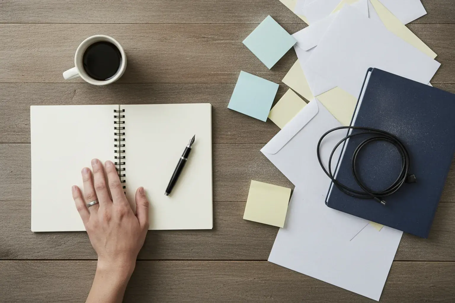 Schreibtisch von oben: links ein kleiner aufgeräumter Arbeitsbereich mit Notizbuch und Tasse, rechts ein großer Stapel unbearbeiteter Papiere