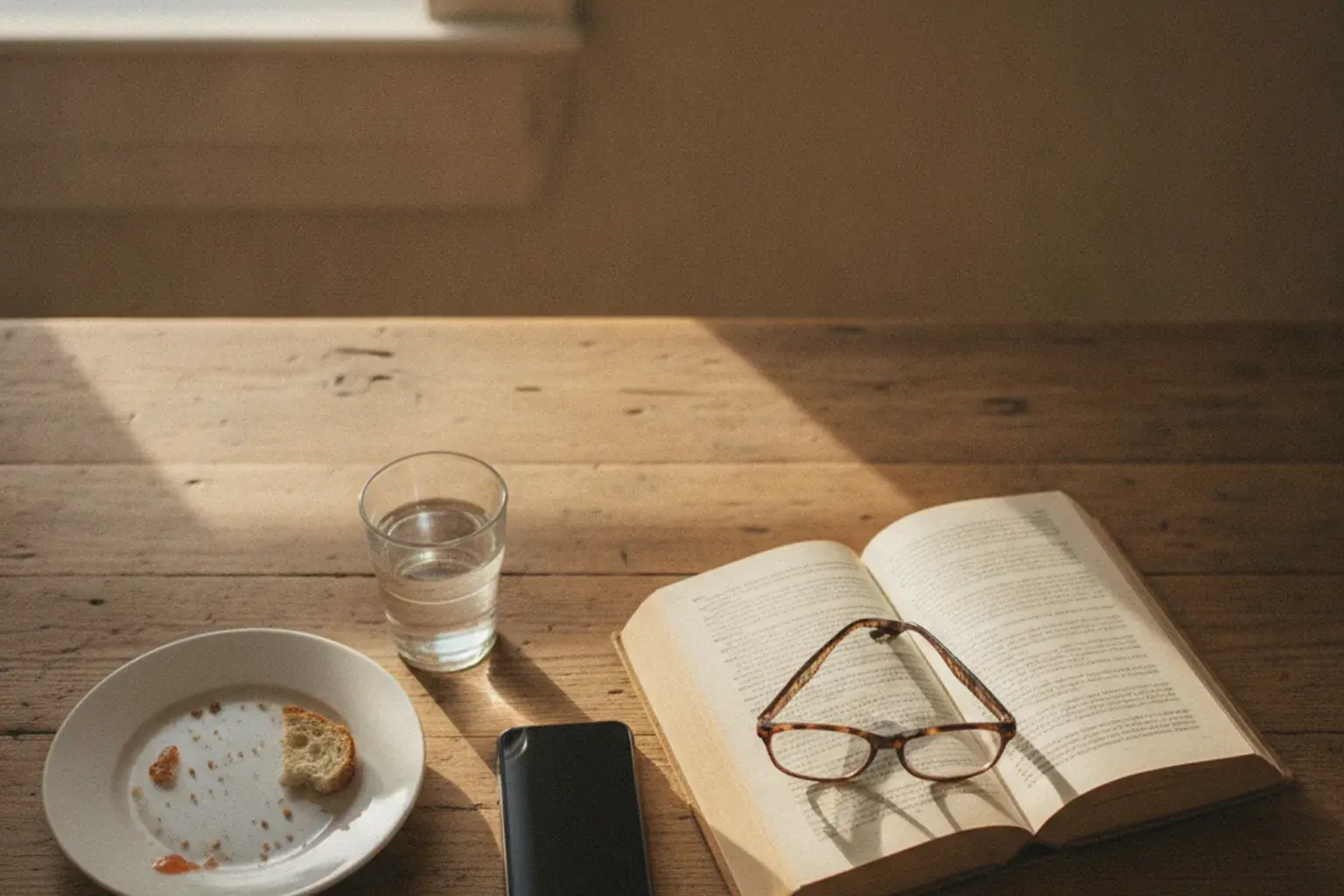 Küchentisch von oben mit umgedreht liegendem Smartphone, aufgeschlagenem Buch, Lesebrille und Frühstücksresten im Morgenlicht