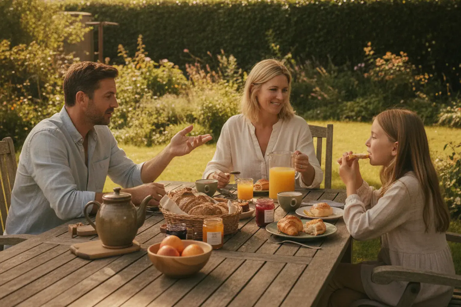 Dreiköpfige Familie frühstückt an einem Samstagmorgen im Garten an einem Holztisch, ohne Geräte in Sicht