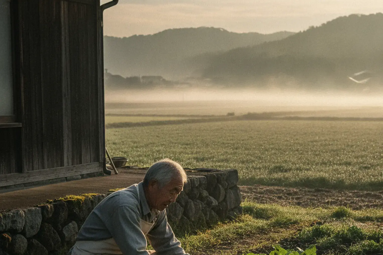 Älterer japanischer Mann in Arbeitsschürze versorgt am frühen Morgen sein kleines Gemüsebeet hinter dem Haus