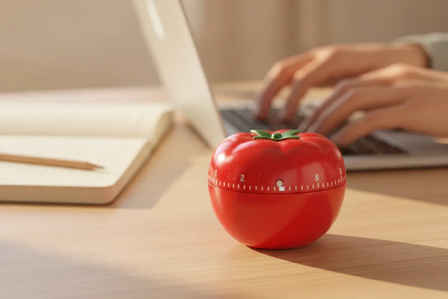 Rote mechanische Küchenuhr in Tomatenform auf einem hellen Schreibtisch, dahinter unscharf Hände auf einer Laptoptastatur