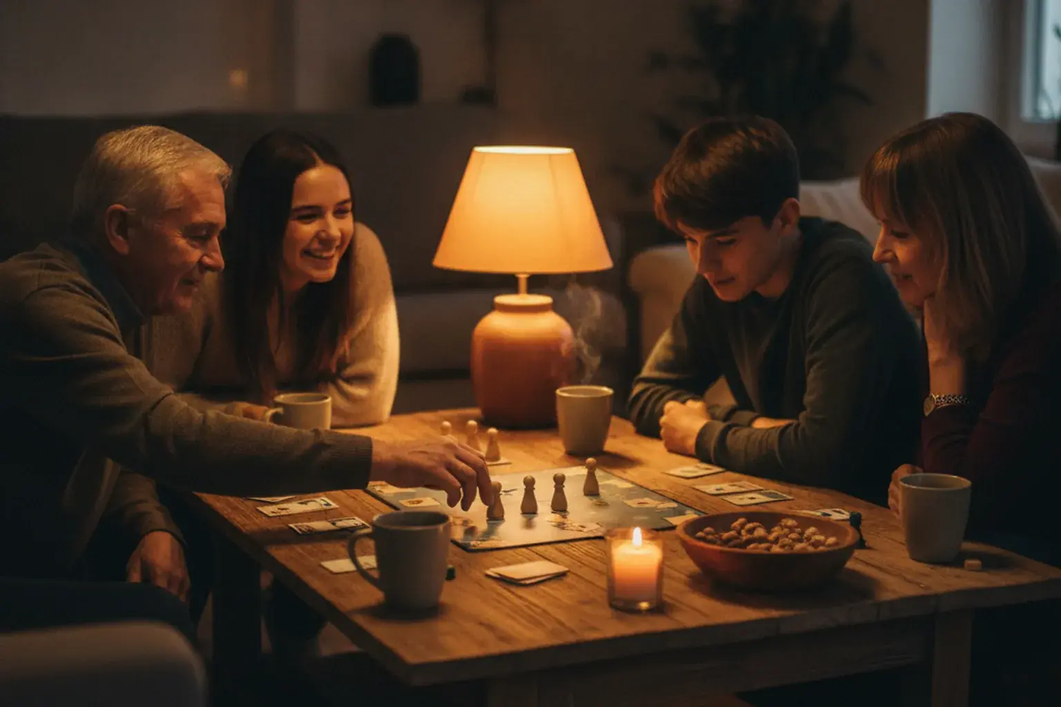 Vier Menschen unterschiedlichen Alters spielen abends am Wohnzimmertisch gemeinsam ein Brettspiel bei Lampenlicht