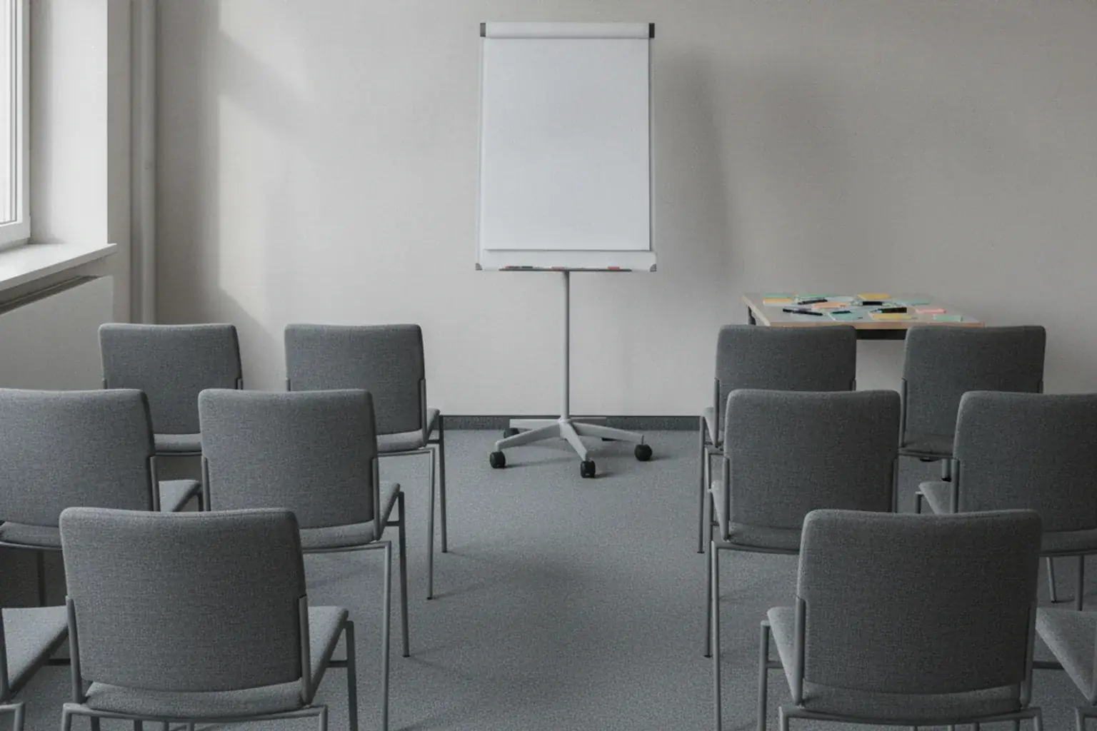 Ein leerer Seminarraum mit Stuhlreihen, einem Flipchart mit unbeschriebenem Papier und einem Tisch mit Moderationskarten