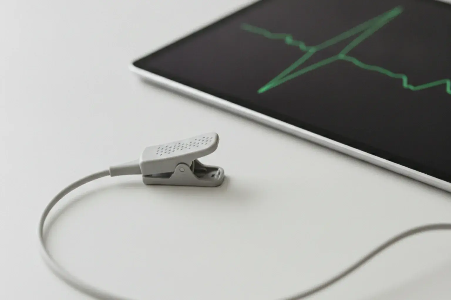 Ein kleiner heller Sensorclip mit Kabel liegt neben einem Tablet, auf dem eine grüne Zickzack-Kurve ohne Beschriftung zu sehen ist