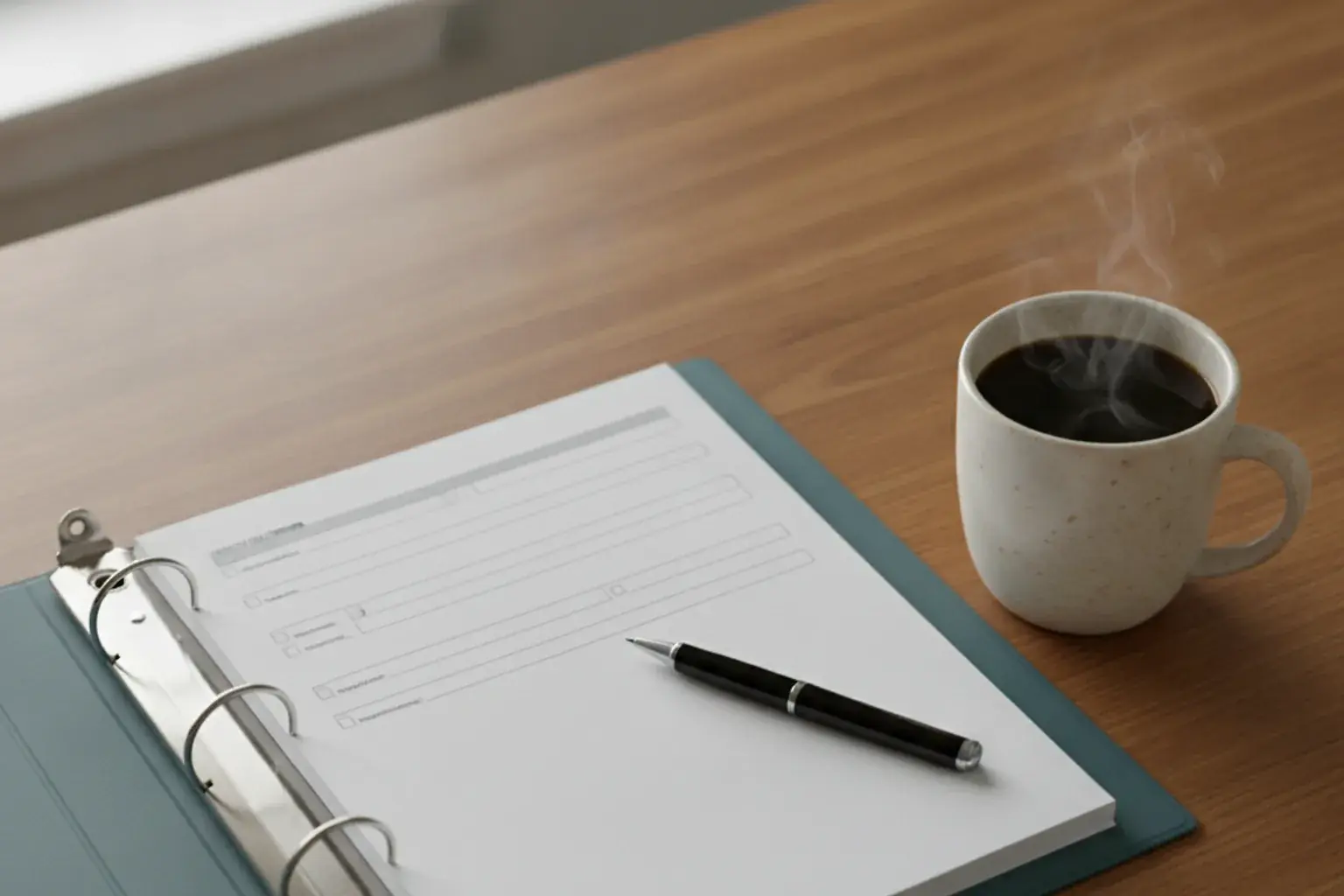 Aufgeschlagener Aktenordner mit Formularen und einem Kugelschreiber auf einem Küchentisch neben einer Tasse
