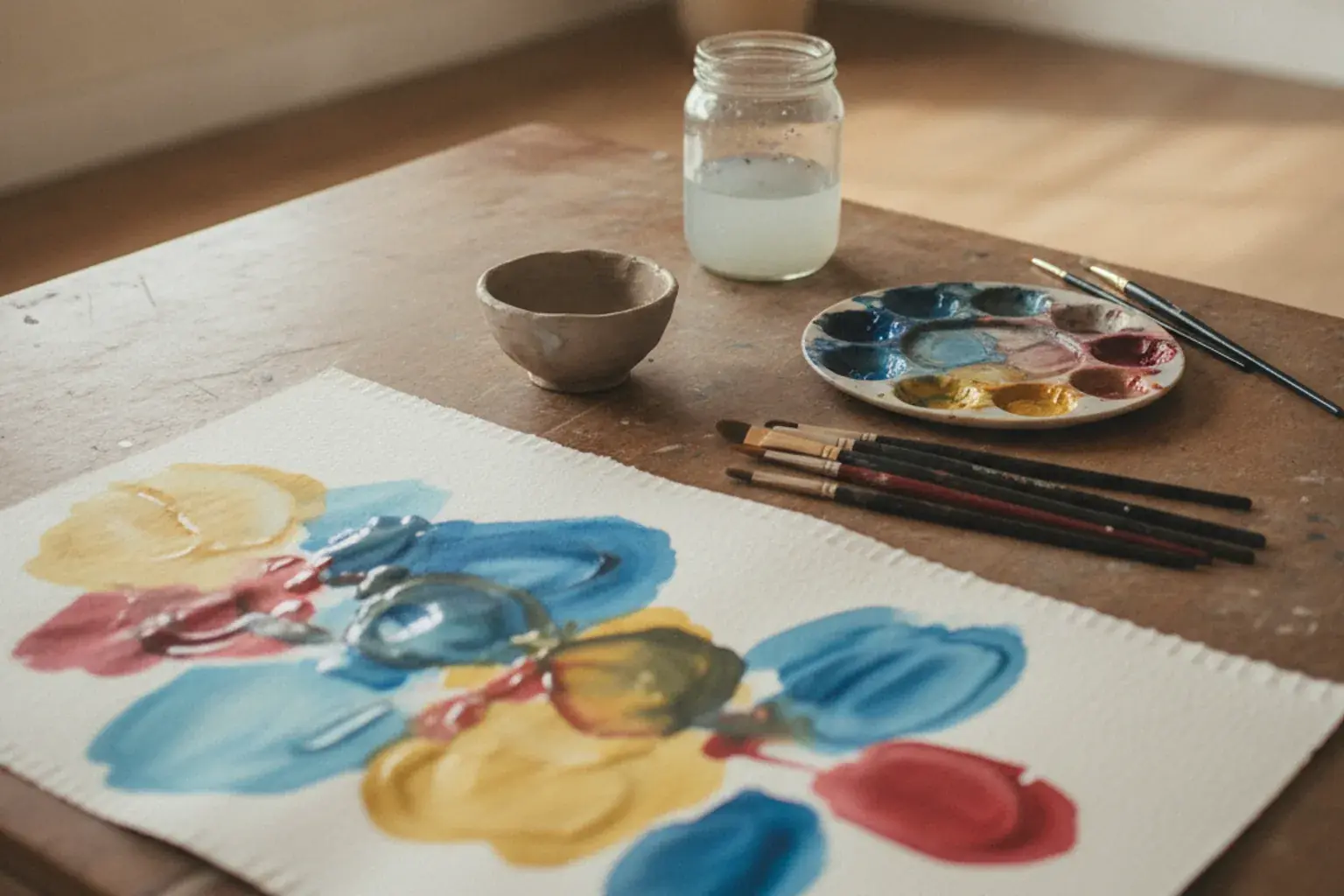 Arbeitstisch mit Tonschale, Pinseln, angemischten Farben und einem halbfertigen Bild auf Papier