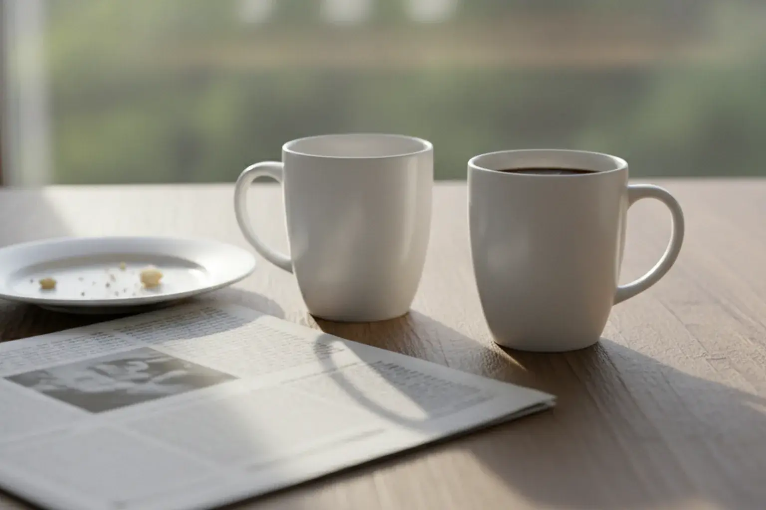 Zwei weiße Kaffeetassen stehen nebeneinander auf einem Küchentisch am Fenster, daneben ein leerer Teller und eine aufgeschlagene Zeitung