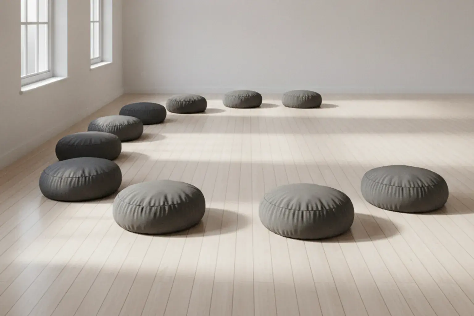 Mehrere runde graue Meditationskissen liegen in einem weiten Kreis auf dem hellen Holzboden eines leeren Raums mit hohen Fenstern