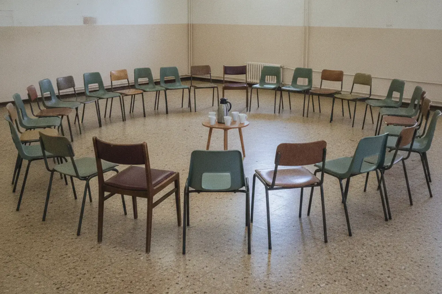 Ein Stuhlkreis aus unterschiedlichen einfachen Stühlen in einem schlichten Gemeindesaal, in der Mitte eine Thermoskanne und Tassen auf einem kleinen Tisch