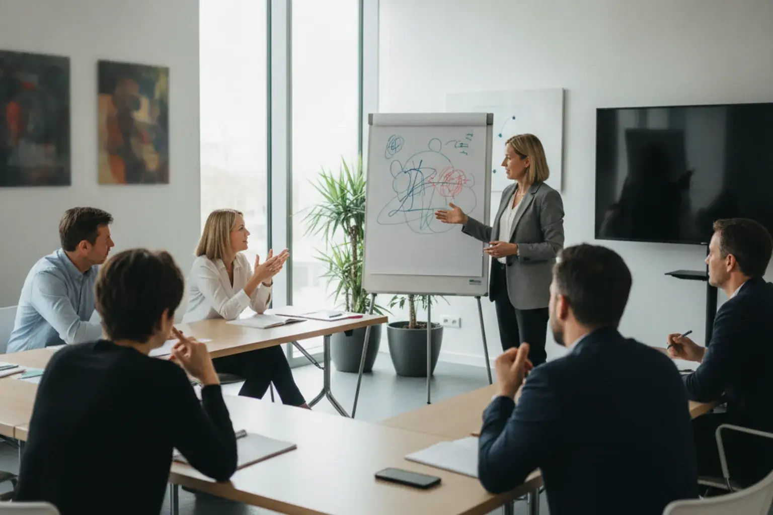 Eine Gruppe nimmt engagiert an einem Resilienz-Workshop in einem hellen Seminarraum teil