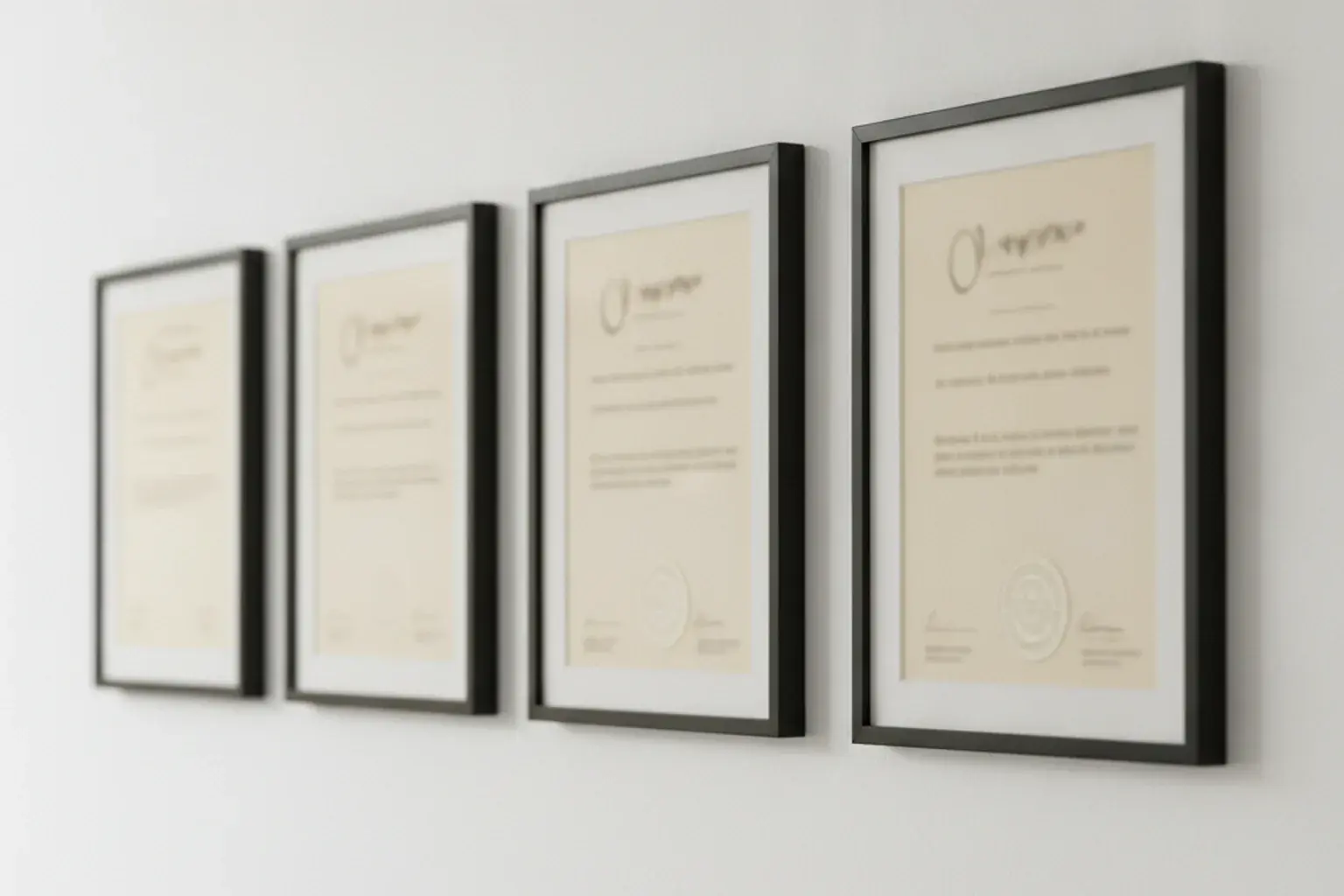 Mehrere gerahmte Urkunden mit unlesbarem Text hängen nebeneinander an einer weißen Wand